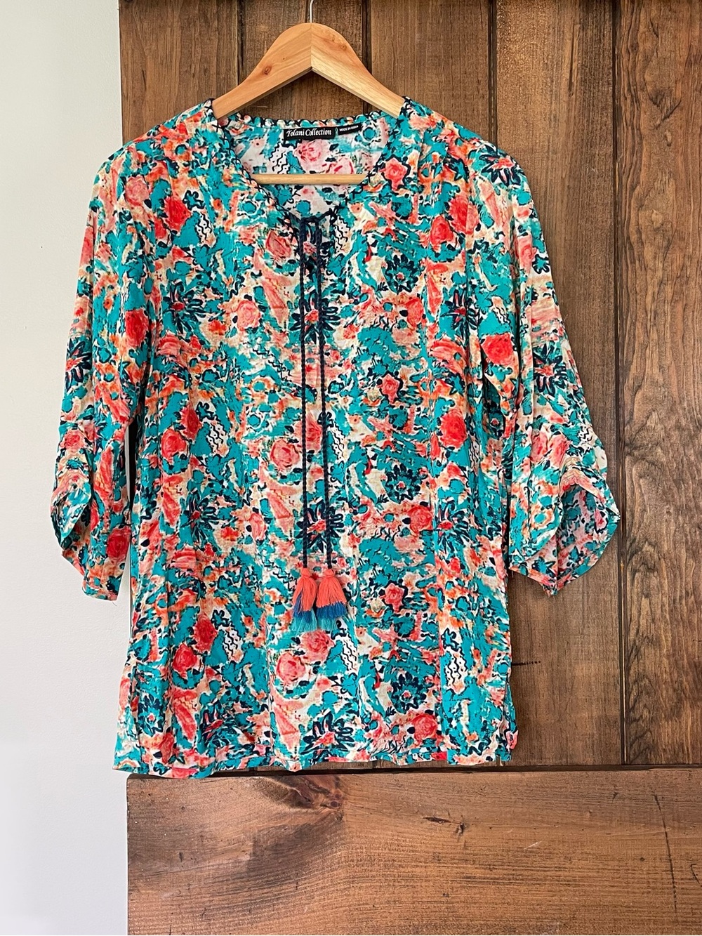 Tolani Collection Floral Boho Tassel Tie Modal Top XXS Colorful Bohemian